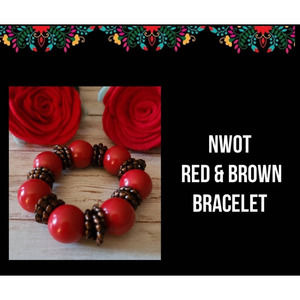 NWOT| RED & BROWN BEAD BRACELET